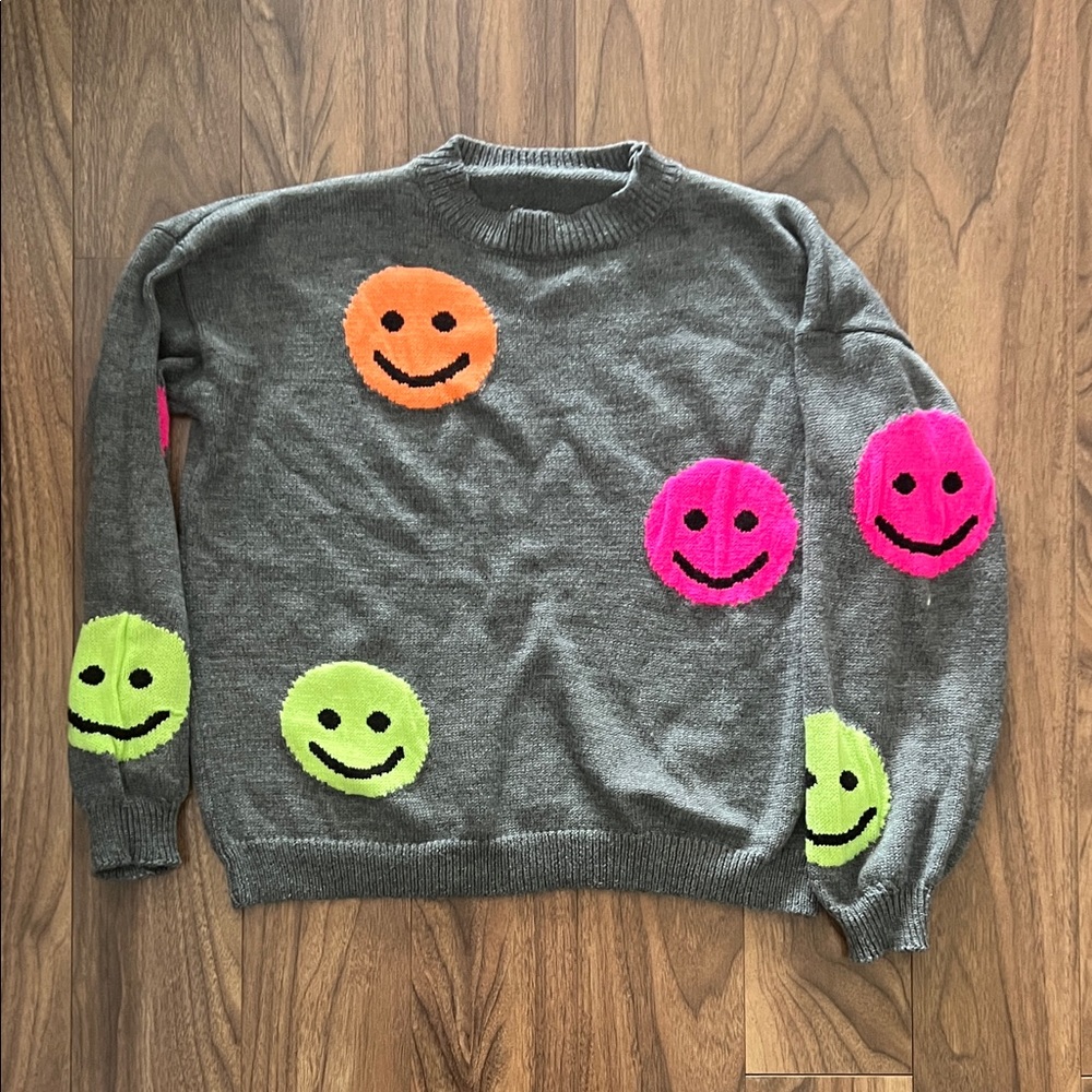 Source Unknown Charcoal Sweater with Neon Smiley Faces